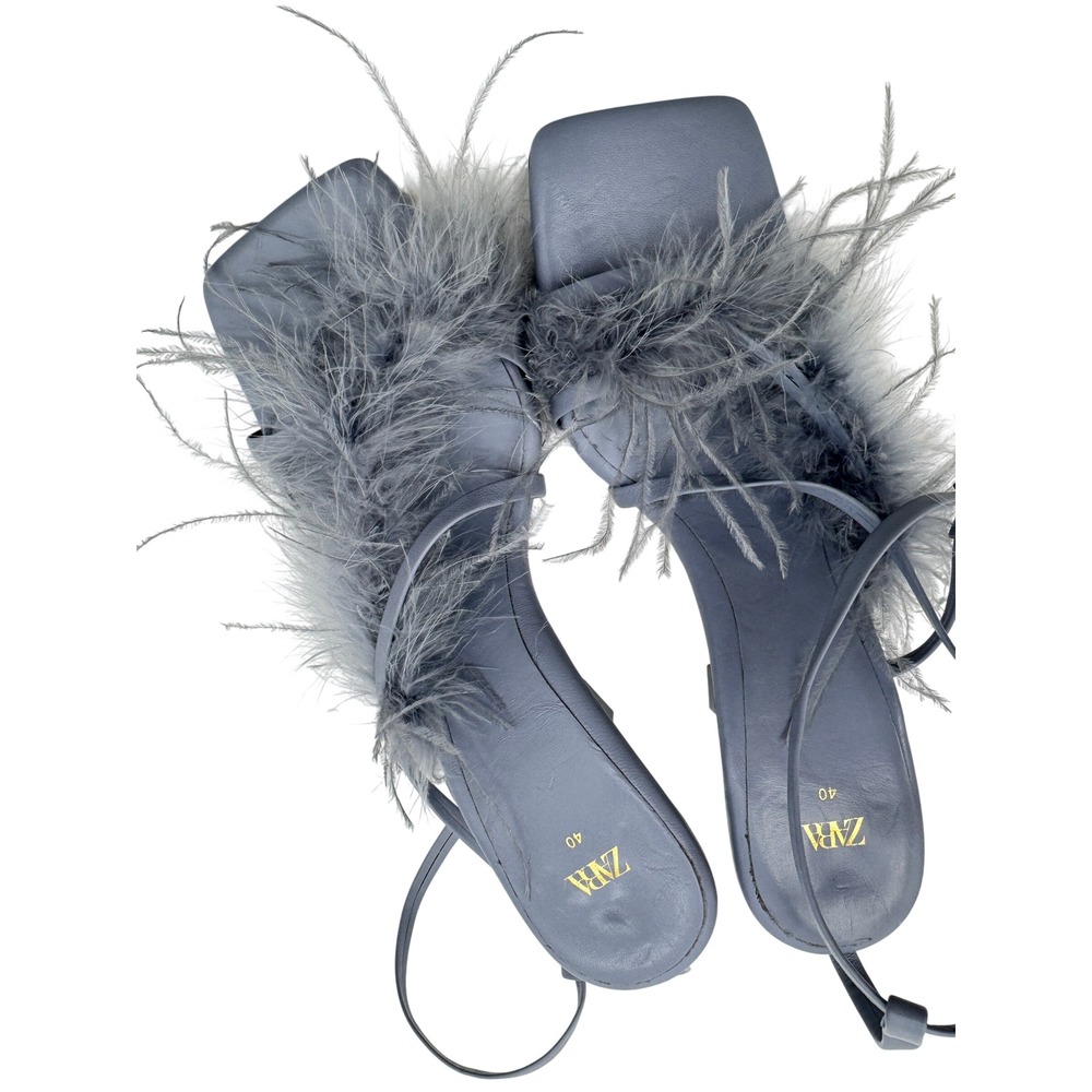 Zara Sandals Feather Ankle Strap Periwinkle Blue Size 40 Square Toe Block Heel - Picture 10 of 10